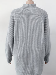 Cloudy Blue ribbed knit cocoon turtleneck dress with long sleeves.