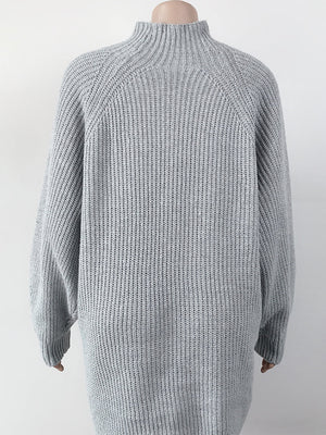 Cloudy Blue ribbed knit cocoon turtleneck dress with long sleeves.