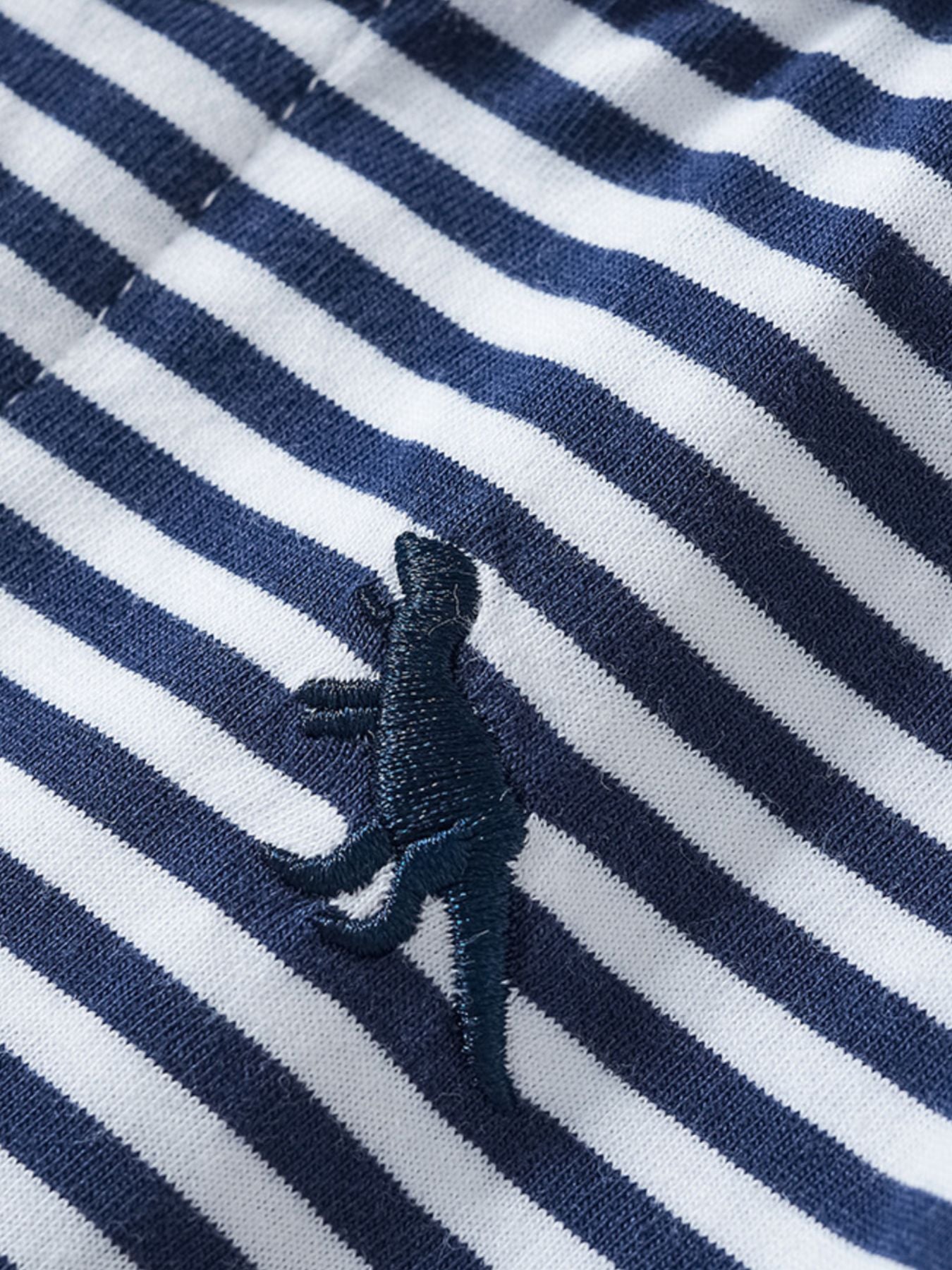 Toddler polo shirt and shorts set in navy and white stripes with dinosaur embroidery.