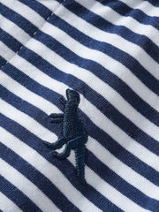 Toddler polo shirt and shorts set in navy and white stripes with dinosaur embroidery.