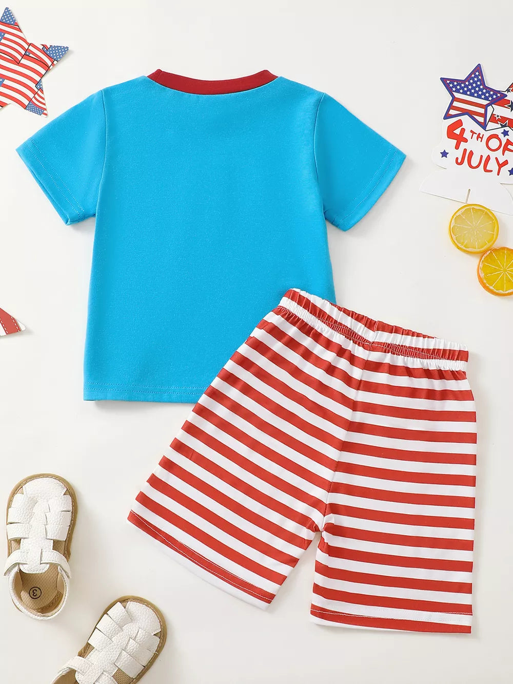 Baby boy outfit with blue t-shirt and red & white striped shorts