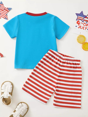 Baby boy outfit with blue t-shirt and red & white striped shorts