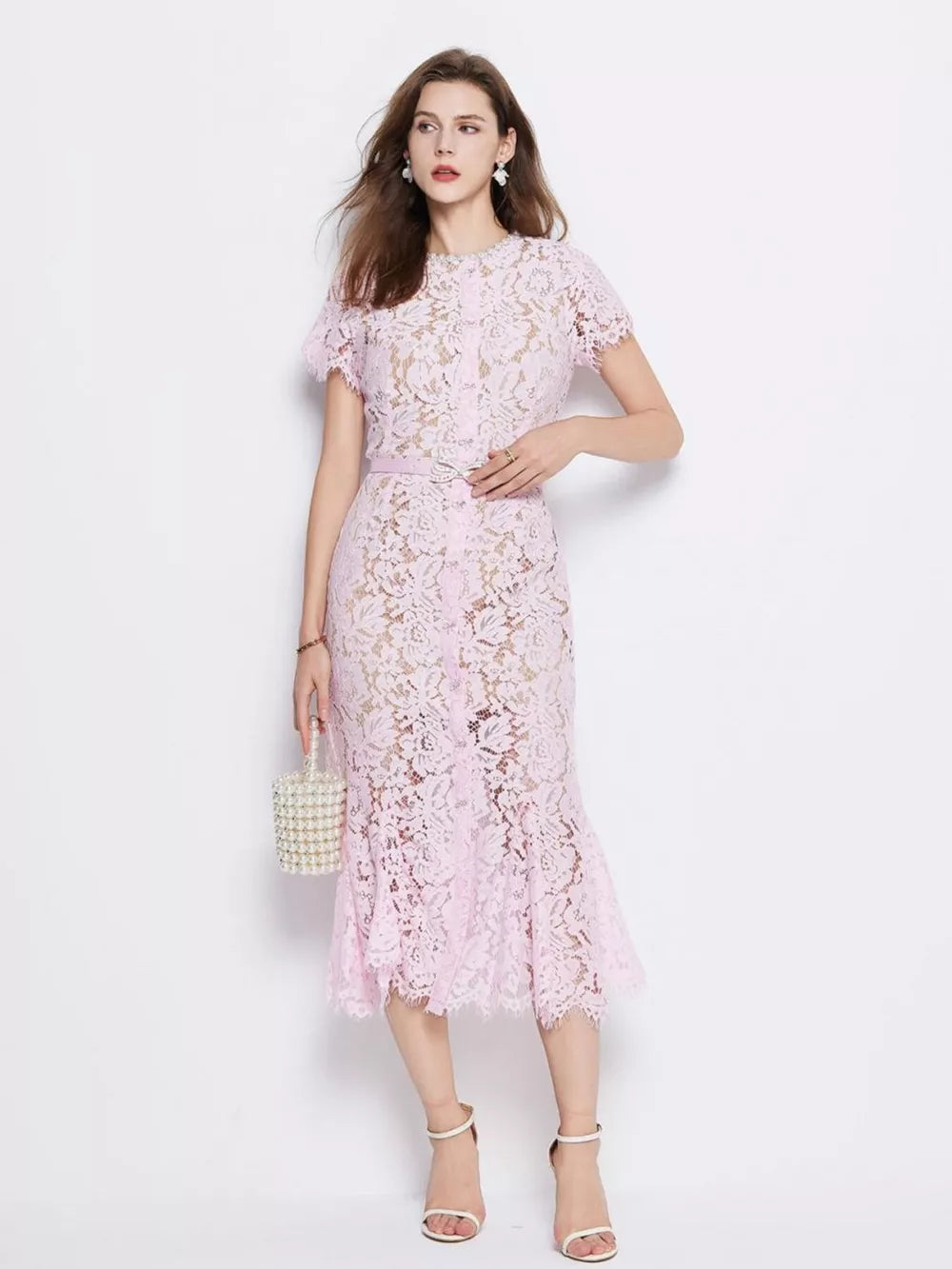 Powder pink floral lace mermaid dress with short sleeves and belt