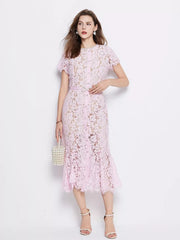 Powder pink floral lace mermaid dress with short sleeves and belt