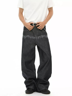 Loose fit dark wash denim jeans with white embroidered musical notes pattern