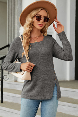 Dark Gray asymmetric top with square neck, button detail on side slit, and long sleeves.