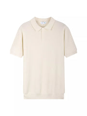 Apricot ribbed short sleeve polo shirt for men with classic collar and button placket.