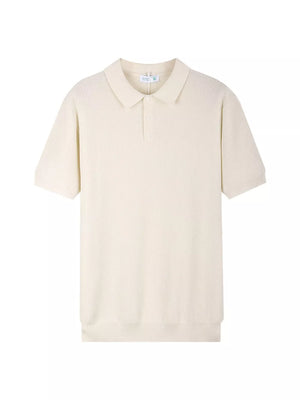 Apricot ribbed short sleeve polo shirt for men with classic collar and button placket.