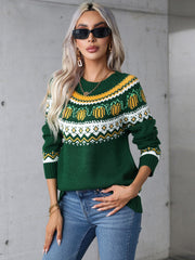 Dark green crewneck knit sweater with autumnal pumpkin Fair Isle pattern, 100% acrylic