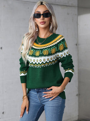 Dark green crewneck knit sweater with autumnal pumpkin Fair Isle pattern, 100% acrylic