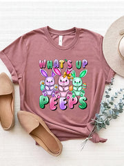 Dusty Pink Easter Bunny Graphic Tee with "What's Up Peeps" text and cartoon bunnies.