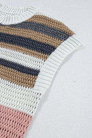 Open knit boxy tee with horizontal stripes in dusty pink, white, tan, and gray.