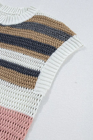 Open knit boxy tee with horizontal stripes in dusty pink, white, tan, and gray.