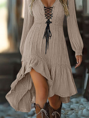Khaki lace-up ruffled high-low dress with long sleeves and V-neck.