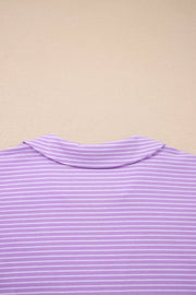 Purple striped polo shirt collar detail, cotton loungewear.