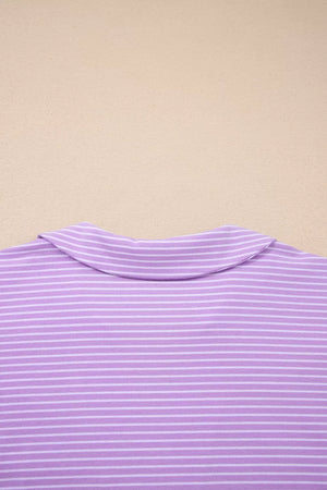 Purple striped polo shirt collar detail, cotton loungewear.