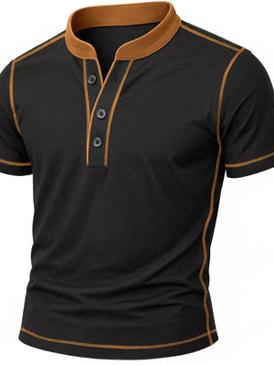 Black casual t-shirt with button placket and contrast stitching