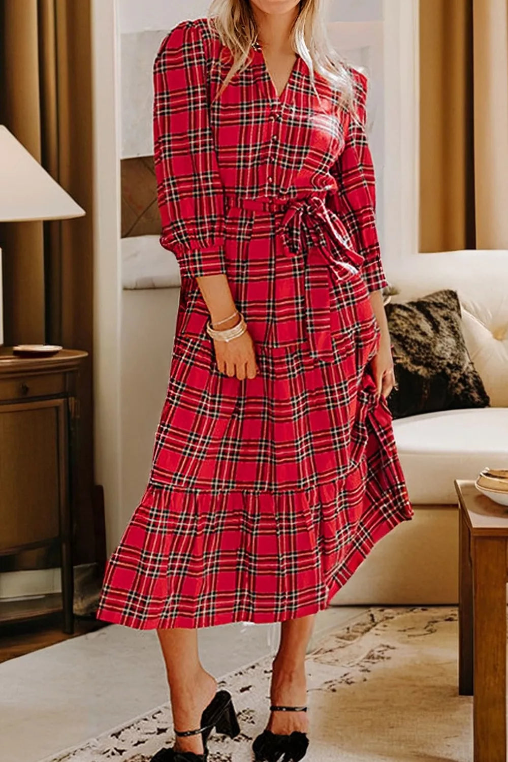 Christmas Plaid V Neck Tie Waist Midi Dress in Deep Red, model styling view
