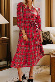 Christmas Plaid V Neck Tie Waist Midi Dress in Deep Red, model styling view