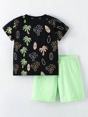 Black tropical print toddler tee and light green shorts set, cotton.