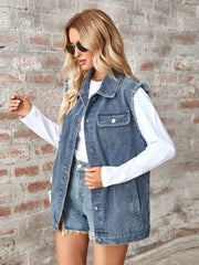 Dusty blue denim utility vest with raw edges, button front, and chest pockets.