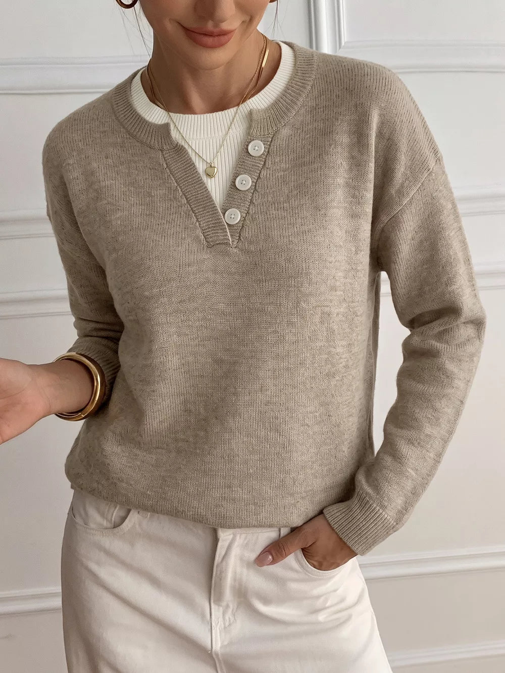 Dropped Shoulder Long Sleeve Sweater in Khaki, front view