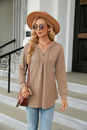 Textured henley hooded tunic in camel with button detail and drawstring hood