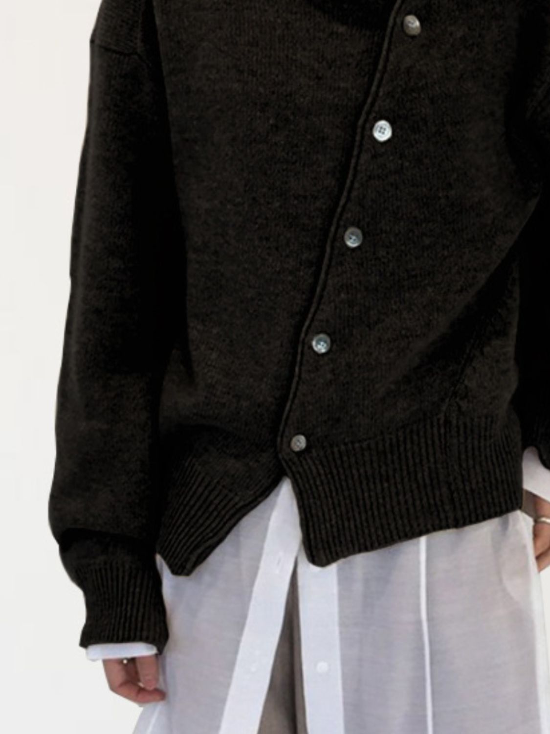 Dark Gray acrylic knit cardigan with button front and ribbed hem and cuffs.