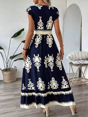 Ruffled Printed V-neck Maxi Dress in Dark Navy, fabric detail