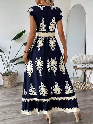 Ruffled Printed V-neck Maxi Dress in Dark Navy, fabric detail