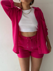 Hot Pink textured gauze shirt and shorts set with drawstring waist.
