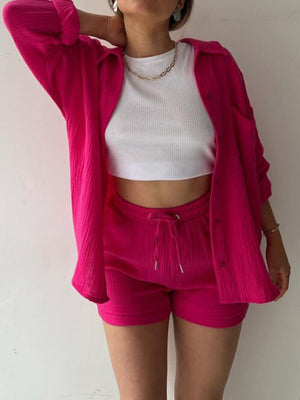 Hot Pink textured gauze shirt and shorts set with drawstring waist.