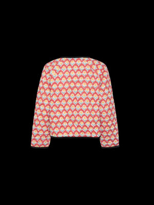 Quilted puffer jacket in red with floral print and contrast trim