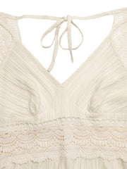 Apricot lace trim V-neck maxi dress with crinkled texture and tie back detail.