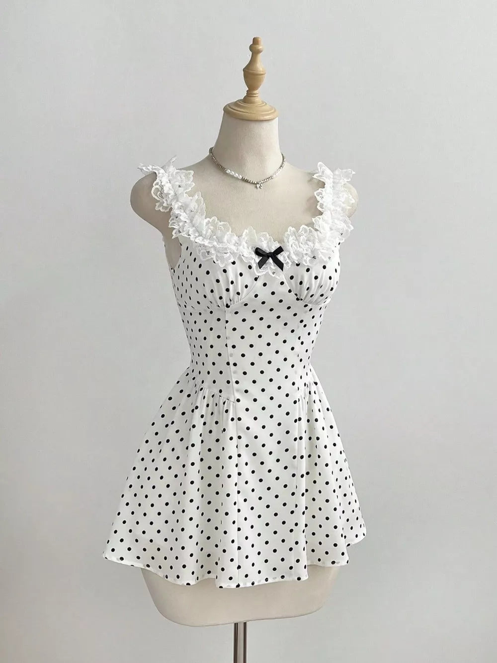 Polka Dot Lace Trim Mini Dress, front view