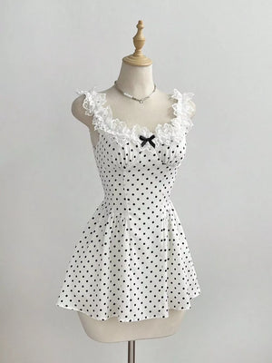 Polka Dot Lace Trim Mini Dress, front view