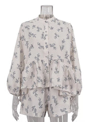 Charming Floral Balloon Sleeve Two-piece Set