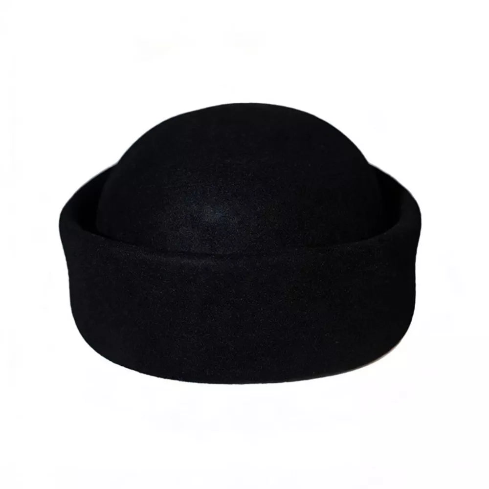 Black wool pillbox hat with a rounded crown and flat brim.
