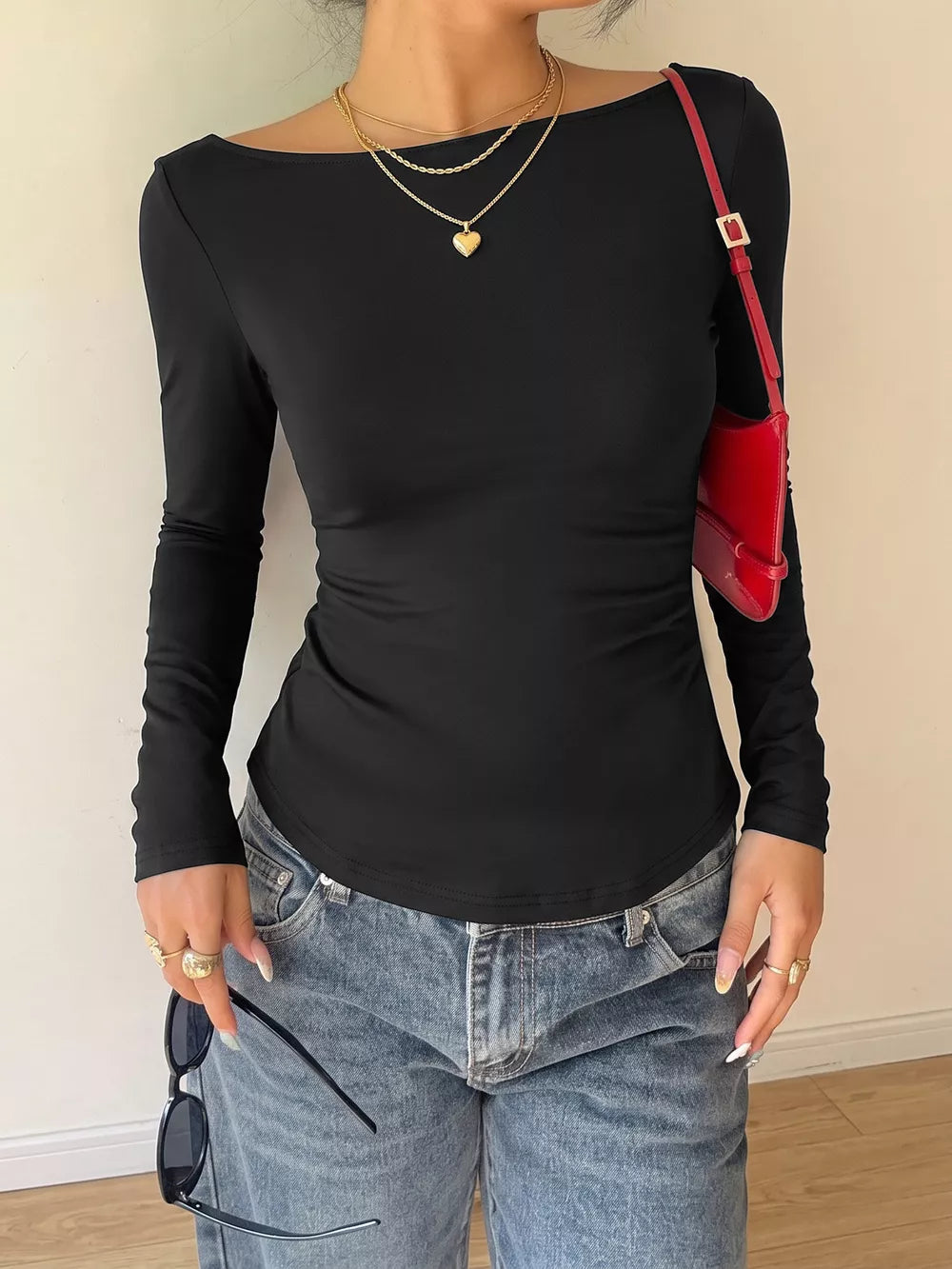 Lace Back Tie Long Sleeve Top in Black, side view