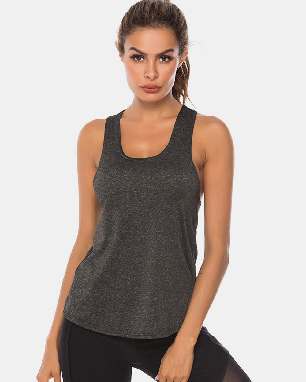 Racerback performance tank top in charcoal grey with a scoop neck.