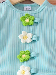 Children's Ribbed Knit Flower Top And Shorts Set in Green, close-up detail