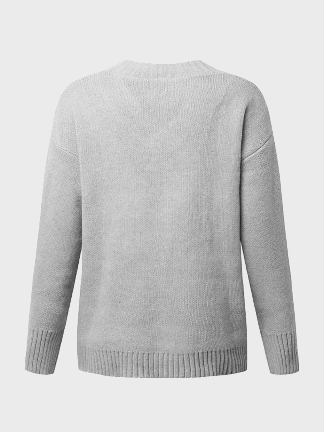 Light grey ribbed trim V-neck knit sweater with long sleeves and ribbed cuffs and hem.