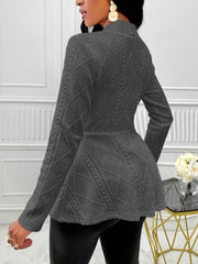 Gray textured knit peplum blazer with diamond and cable knit patterns.