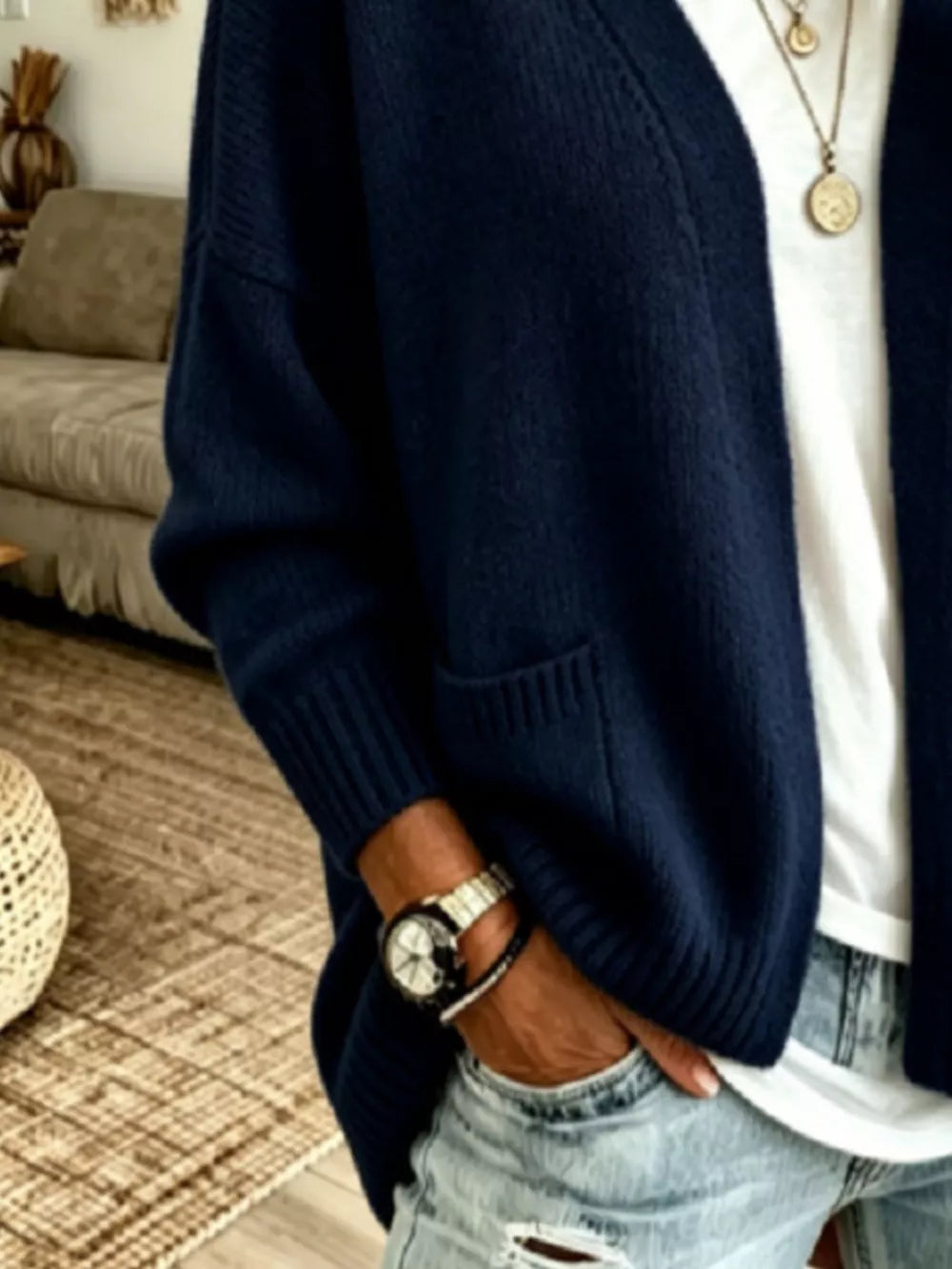 Open Front Knit Cardigan With Pockets in Army Green, product detail
