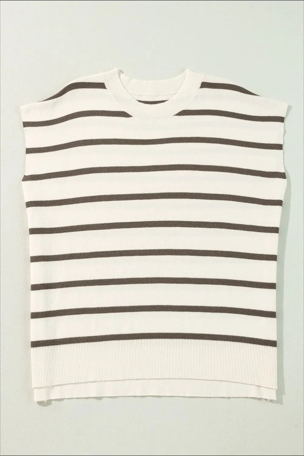 Striped knit cap-sleeve top with crew neck and ribbed hem