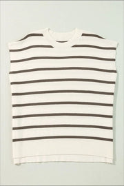 Striped knit cap-sleeve top with crew neck and ribbed hem