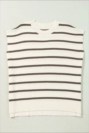 Striped knit cap-sleeve top with crew neck and ribbed hem