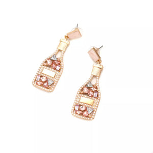 Champagne bottle drop earrings with pink and clear gems and a gold finish.