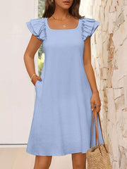 Light blue a-line dress with ruffled cap sleeves and square neckline.