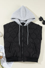 Black quilted sleeveless jacket with grey hooded neckline and white drawstrings.
